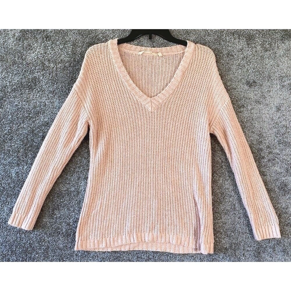 Soft Surroundings Open Cable Knit Sweater Size M Pink Chunky V-Neck Preppy Boho